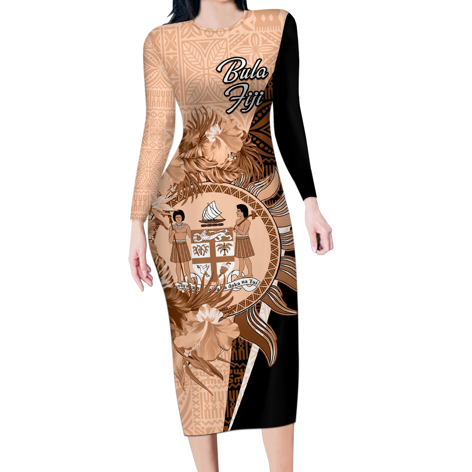 Bula Fiji Vintage Fijian Masi Pattern Long Sleeve Bodycon Dress Peach Fuzz Unique LT9 Long Dress Peach Fuzz - Polynesian Pride