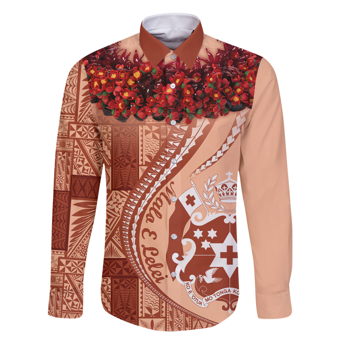 Vintage Tonga Kahoa Heilala Flower Family Matching Mermaid Dress and Hawaiian Shirt LT9 Dad's Shirt - Long Sleeve Peach Fuzz - Polynesian Pride
