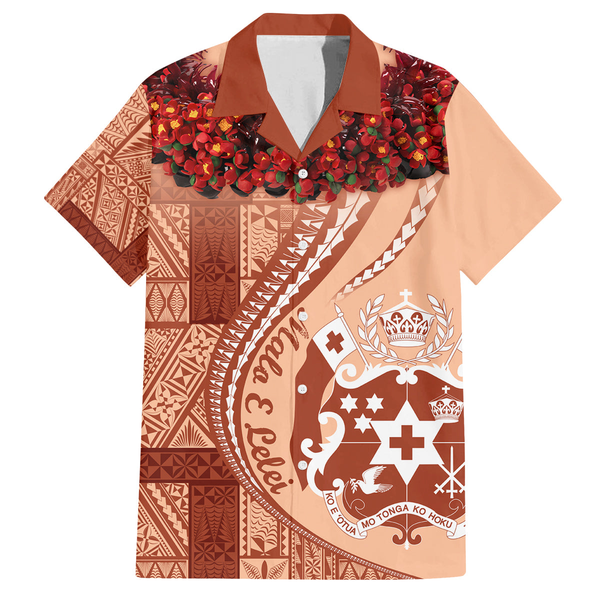 Vintage Tonga Kahoa Heilala Flower Family Matching Off Shoulder Long Sleeve Dress and Hawaiian Shirt LT9 Dad's Shirt - Short Sleeve Peach Fuzz - Polynesian Pride
