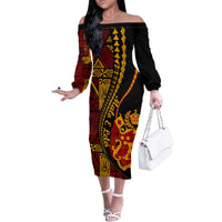 Vintage Tonga Malo E Lelei Ngatu Pattern Family Matching Off Shoulder Long Sleeve Dress and Hawaiian Shirt LT9 Mom's Dress Red - Polynesian Pride