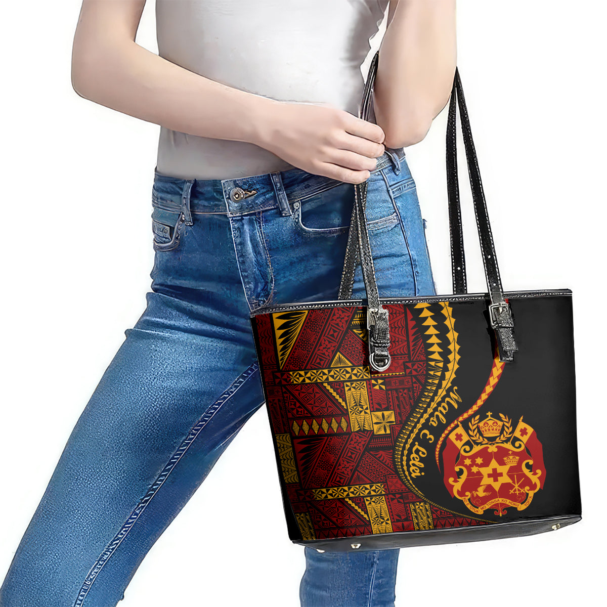 Vintage Tonga Malo E Lelei Ngatu Pattern Leather Tote Bag LT9 - Polynesian Pride