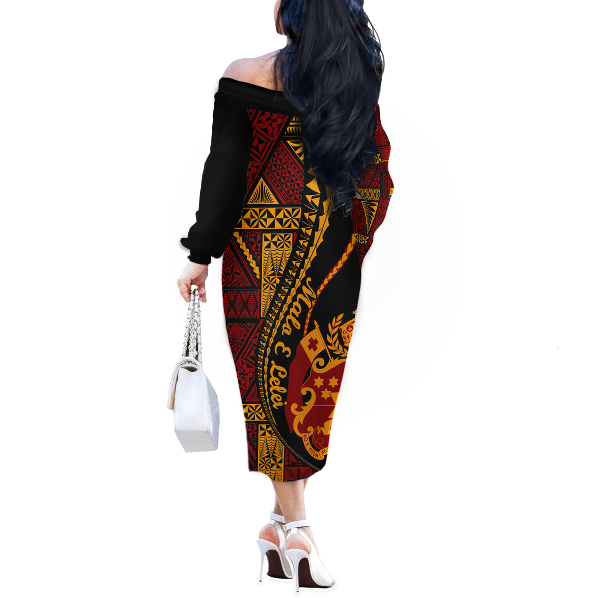 Vintage Tonga Malo E Lelei Ngatu Pattern Off The Shoulder Long Sleeve Dress LT9 - Polynesian Pride