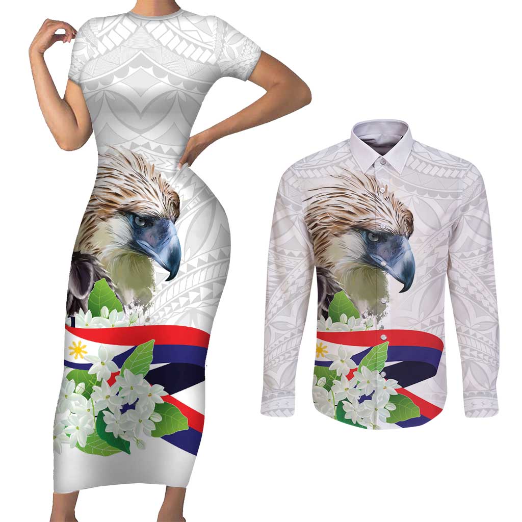 Philippines Eagle and Sampaguita Flowers Couples Matching Short Sleeve Bodycon Dress and Long Sleeve Button Shirt Polynesian Pattern LT9 White - Polynesian Pride