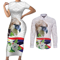 Philippines Eagle and Sampaguita Flowers Couples Matching Short Sleeve Bodycon Dress and Long Sleeve Button Shirt Polynesian Pattern LT9 White - Polynesian Pride