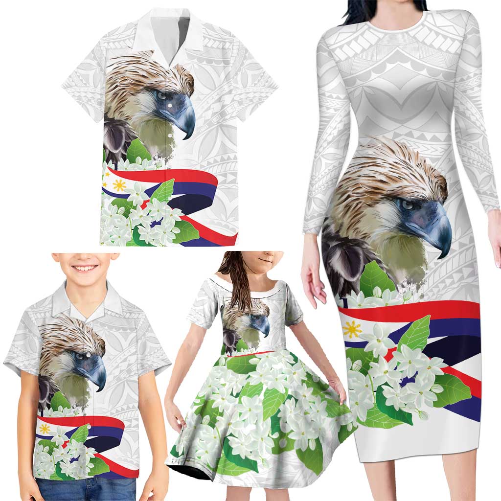 Philippines Eagle and Sampaguita Flowers Family Matching Long Sleeve Bodycon Dress and Hawaiian Shirt Polynesian Pattern LT9 - Polynesian Pride