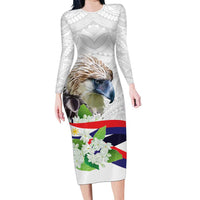 Philippines Eagle and Sampaguita Flowers Family Matching Long Sleeve Bodycon Dress and Hawaiian Shirt Polynesian Pattern LT9 Mom's Dress White - Polynesian Pride