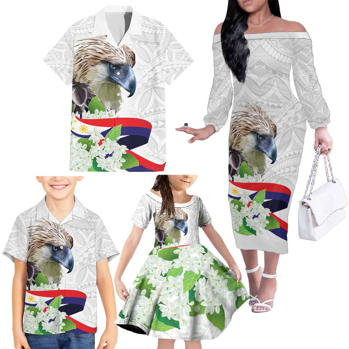 Philippines Eagle and Sampaguita Flowers Family Matching Off The Shoulder Long Sleeve Dress and Hawaiian Shirt Polynesian Pattern LT9 - Polynesian Pride