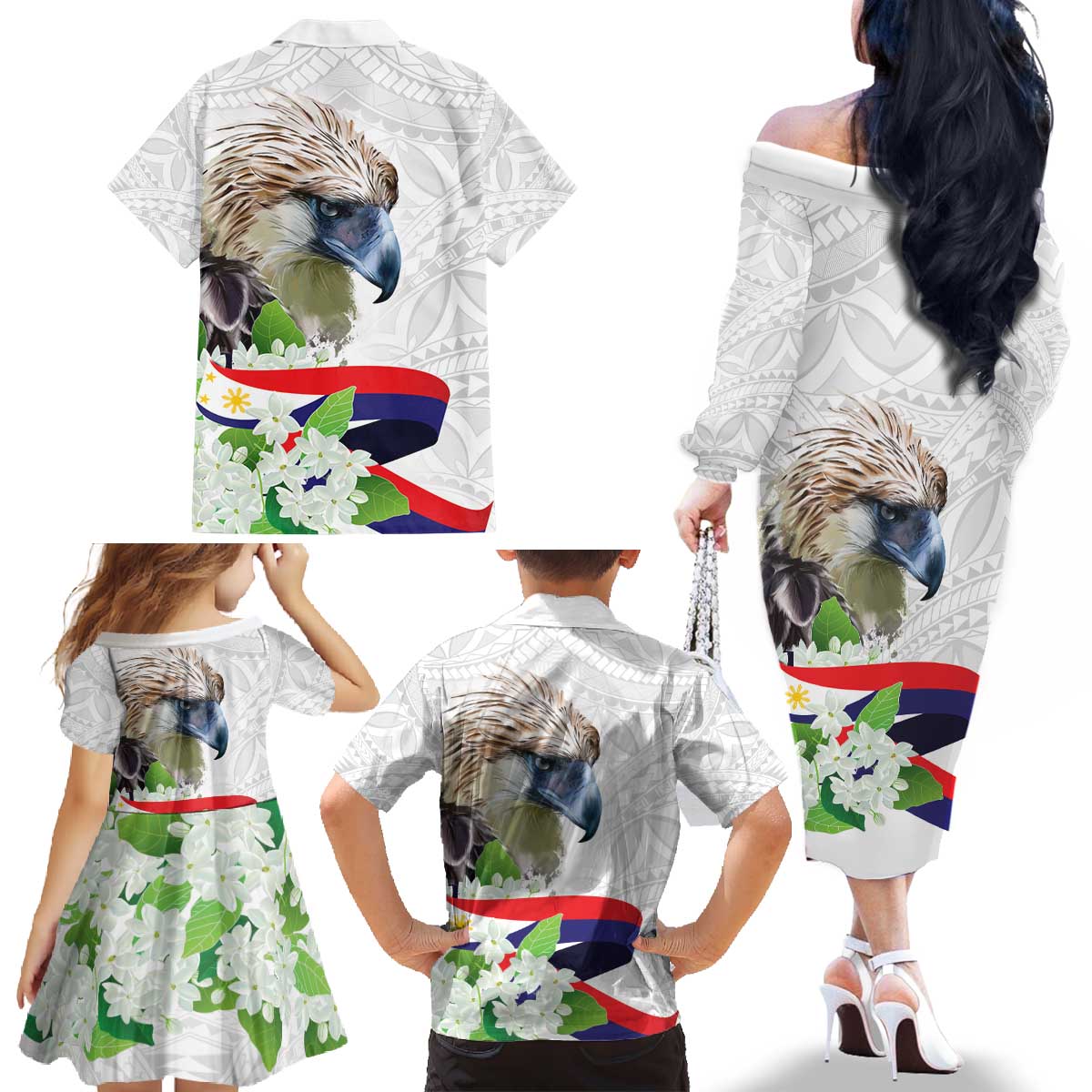 Philippines Eagle and Sampaguita Flowers Family Matching Off The Shoulder Long Sleeve Dress and Hawaiian Shirt Polynesian Pattern LT9 - Polynesian Pride
