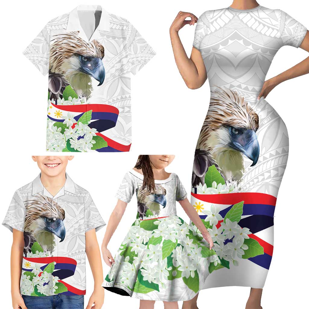 Philippines Eagle and Sampaguita Flowers Family Matching Short Sleeve Bodycon Dress and Hawaiian Shirt Polynesian Pattern LT9 - Polynesian Pride
