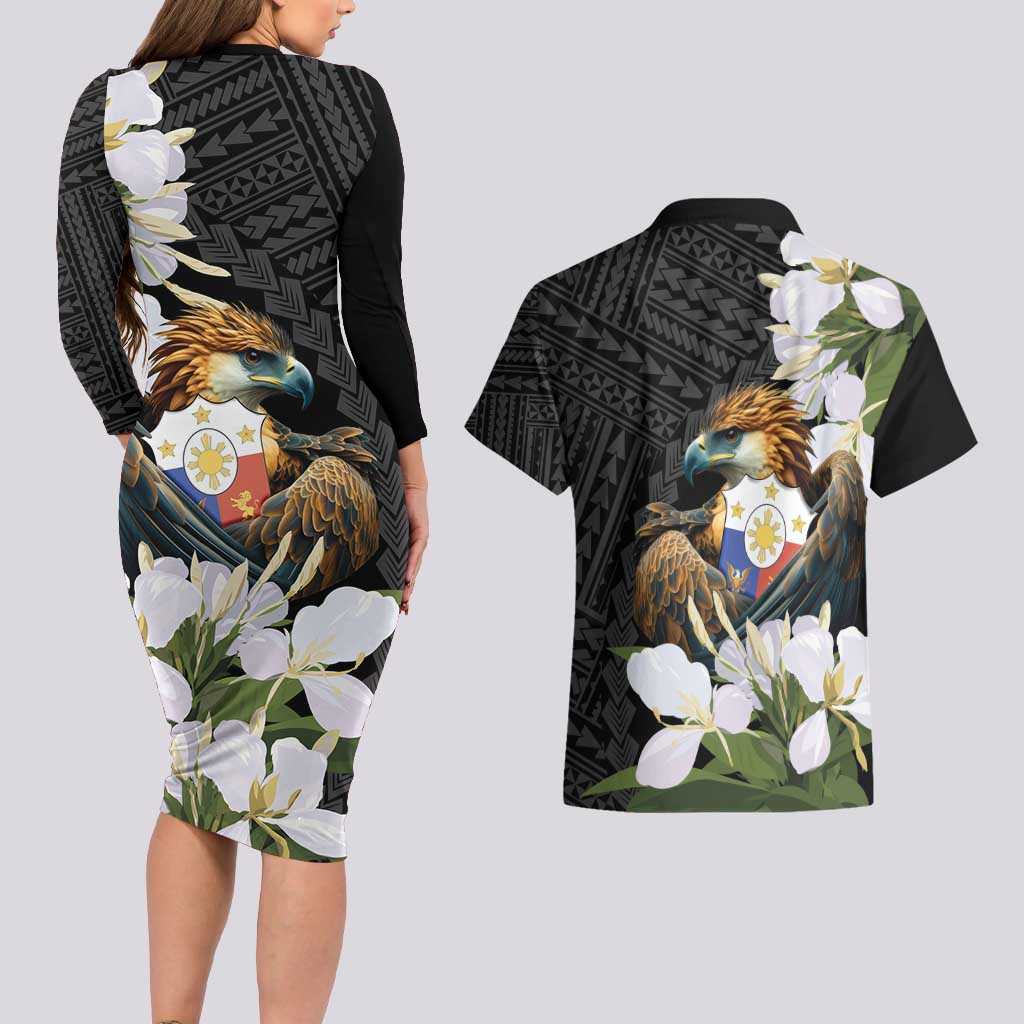 Philippines Eagle with Coat Of Arm Couples Matching Long Sleeve Bodycon Dress and Hawaiian Shirt Simple Sampaguita Jasmine LT9 - Polynesian Pride