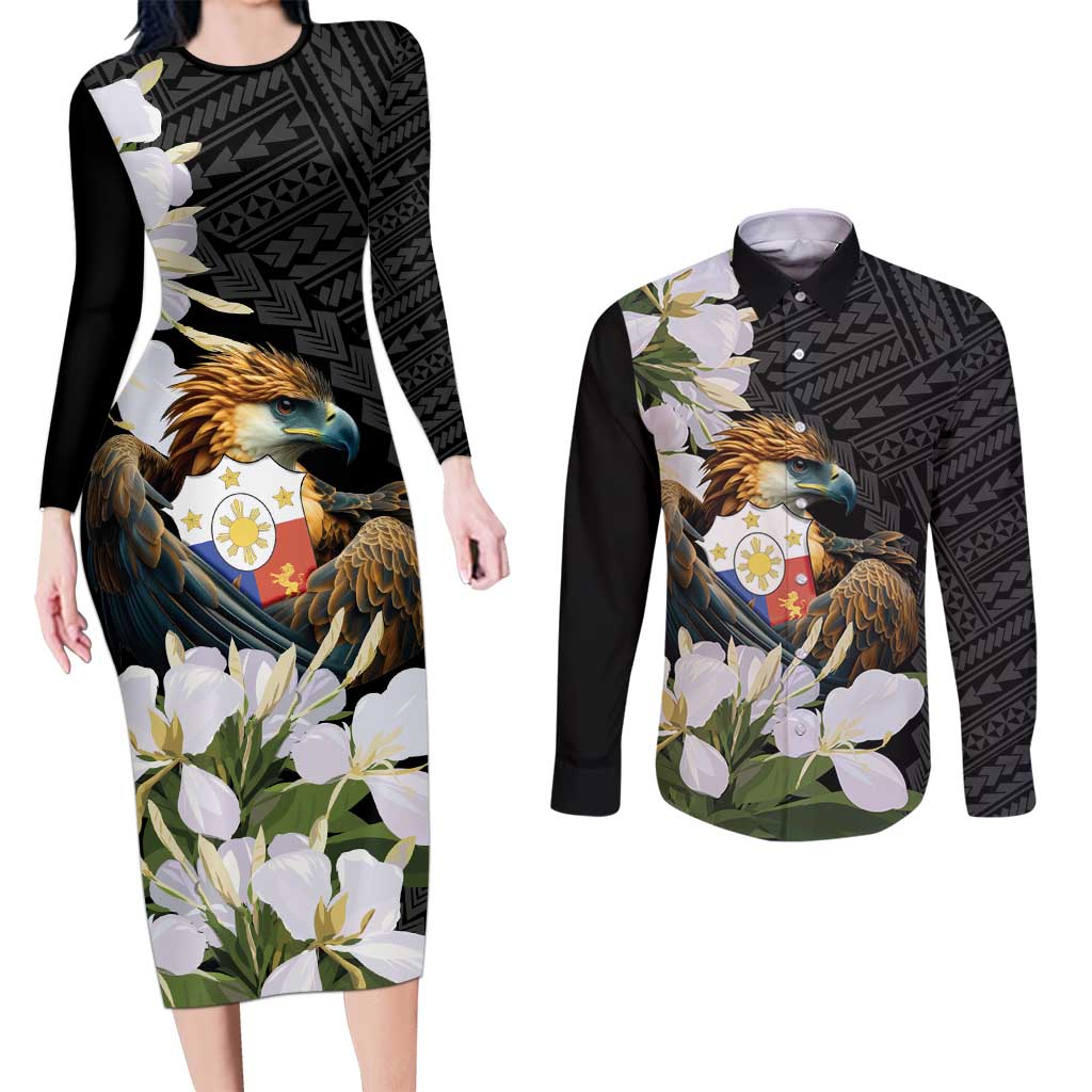 Philippines Eagle with Coat Of Arm Couples Matching Long Sleeve Bodycon Dress and Long Sleeve Button Shirt Simple Sampaguita Jasmine LT9 Black - Polynesian Pride