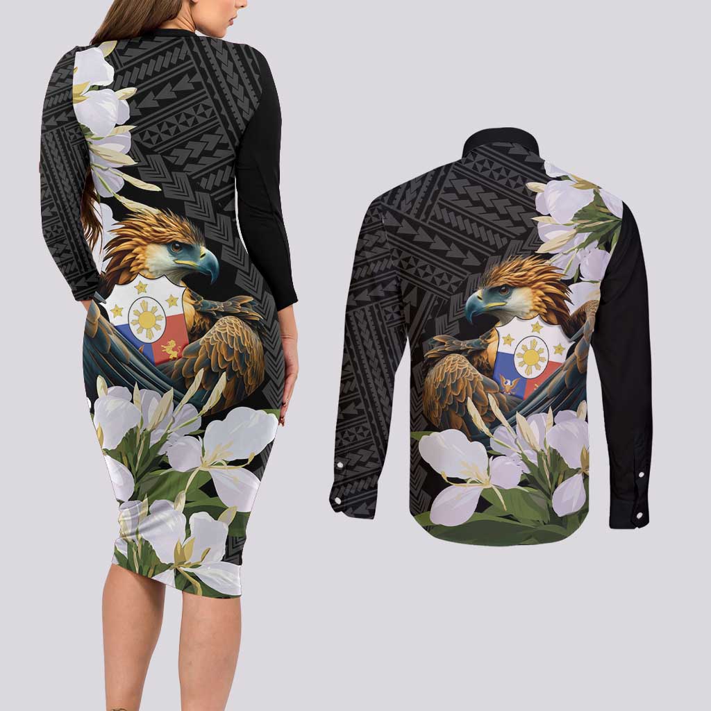 Philippines Eagle with Coat Of Arm Couples Matching Long Sleeve Bodycon Dress and Long Sleeve Button Shirt Simple Sampaguita Jasmine LT9 - Polynesian Pride