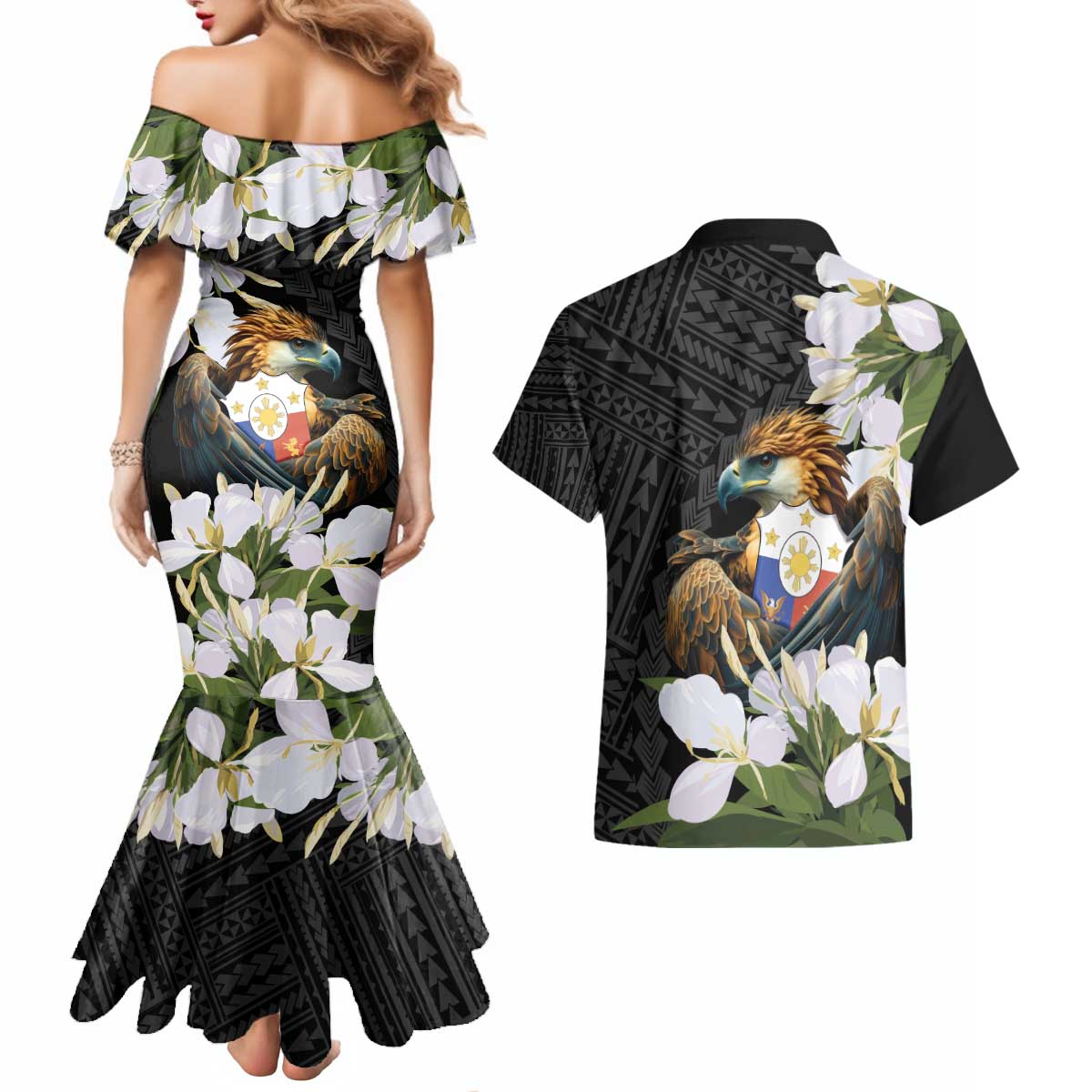 Philippines Eagle with Coat Of Arm Couples Matching Mermaid Dress and Hawaiian Shirt Simple Sampaguita Jasmine LT9 - Polynesian Pride