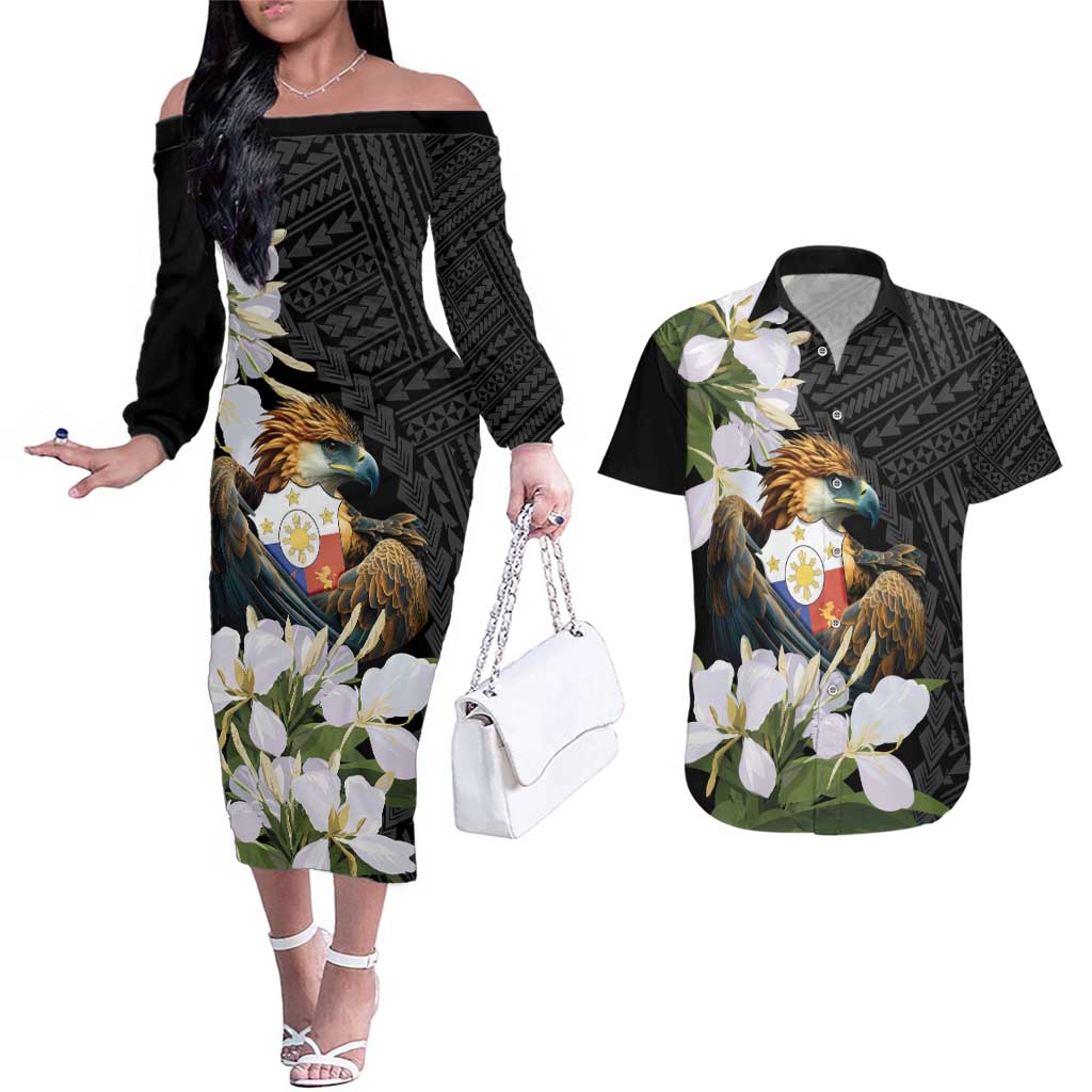 Philippines Eagle with Coat Of Arm Couples Matching Off The Shoulder Long Sleeve Dress and Hawaiian Shirt Simple Sampaguita Jasmine LT9 Black - Polynesian Pride