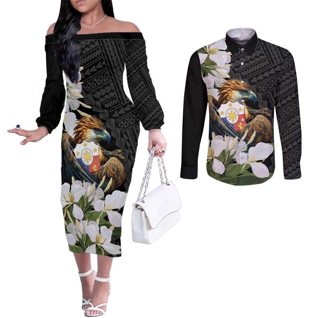 Philippines Eagle with Coat Of Arm Couples Matching Off The Shoulder Long Sleeve Dress and Long Sleeve Button Shirt Simple Sampaguita Jasmine LT9 Black - Polynesian Pride