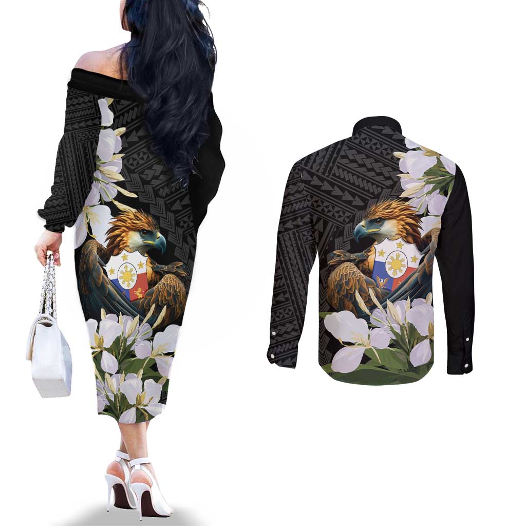 Philippines Eagle with Coat Of Arm Couples Matching Off The Shoulder Long Sleeve Dress and Long Sleeve Button Shirt Simple Sampaguita Jasmine LT9 - Polynesian Pride