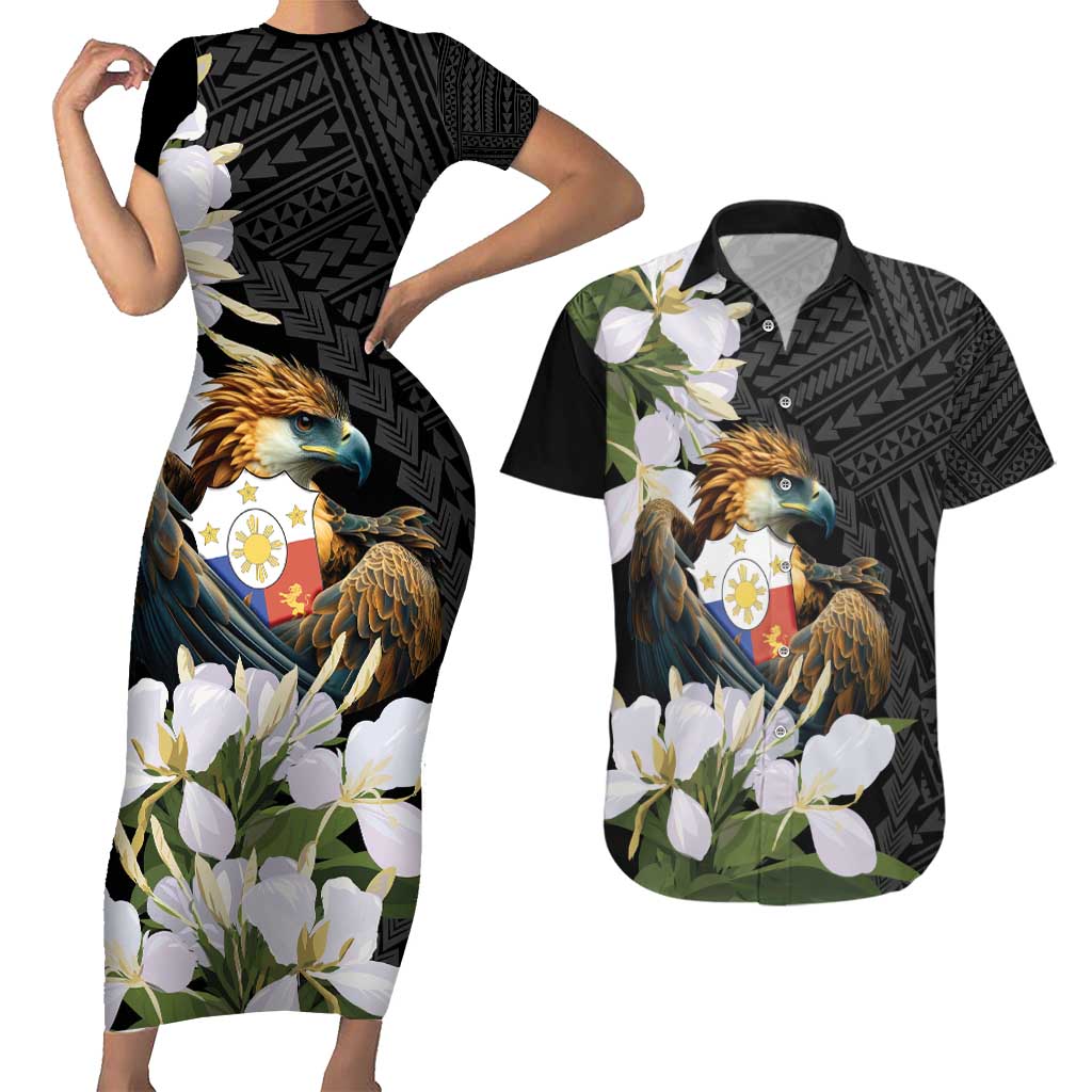 Philippines Eagle with Coat Of Arm Couples Matching Short Sleeve Bodycon Dress and Hawaiian Shirt Simple Sampaguita Jasmine LT9 Black - Polynesian Pride