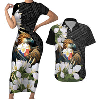 Philippines Eagle with Coat Of Arm Couples Matching Short Sleeve Bodycon Dress and Hawaiian Shirt Simple Sampaguita Jasmine LT9 Black - Polynesian Pride