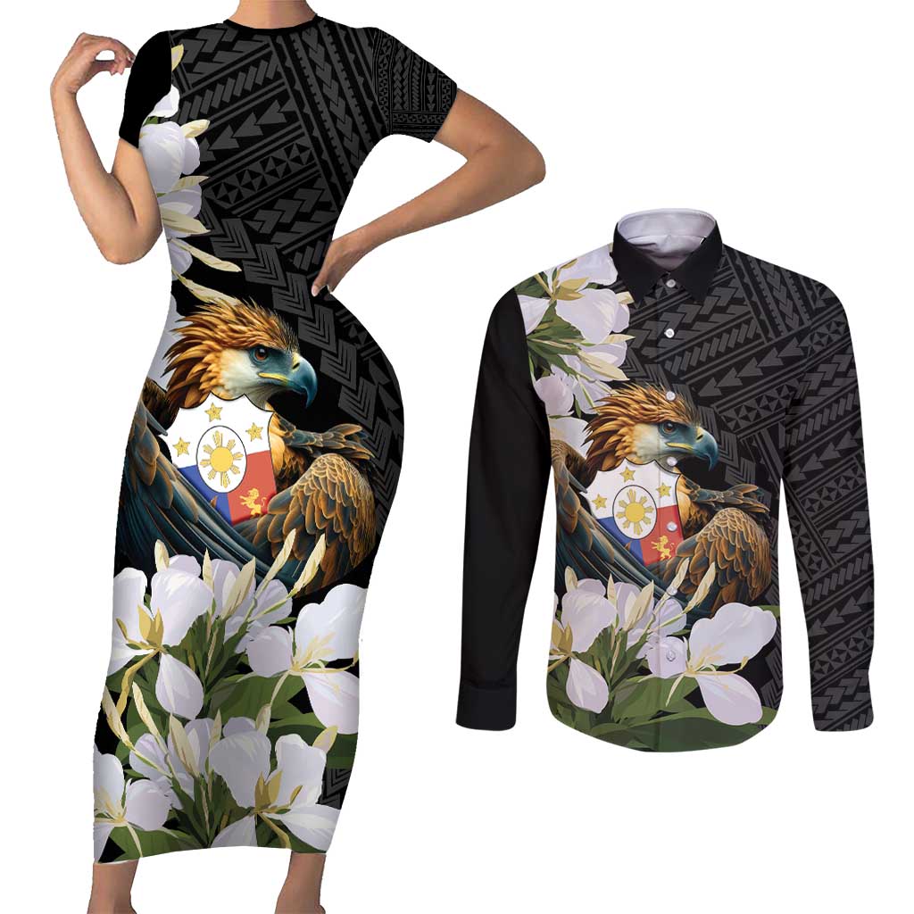 Philippines Eagle with Coat Of Arm Couples Matching Short Sleeve Bodycon Dress and Long Sleeve Button Shirt Simple Sampaguita Jasmine LT9 Black - Polynesian Pride