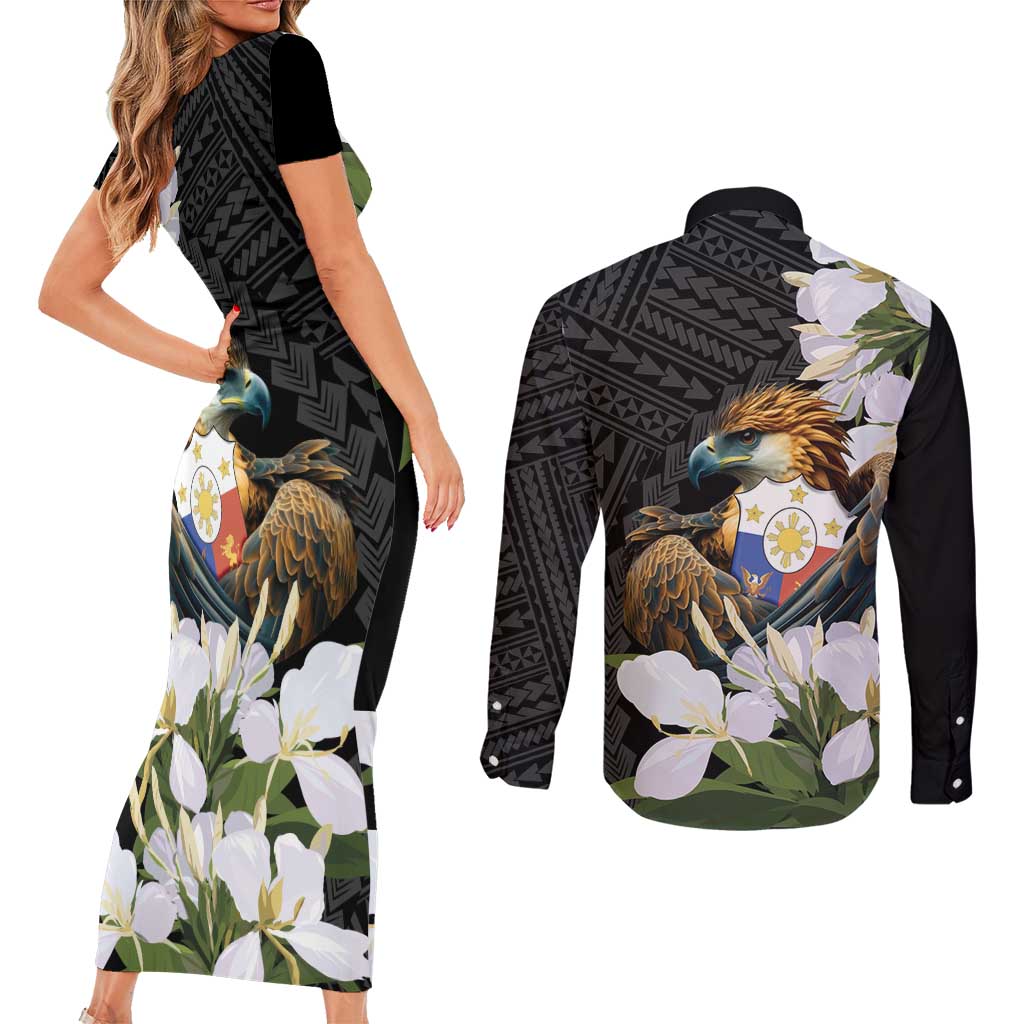 Philippines Eagle with Coat Of Arm Couples Matching Short Sleeve Bodycon Dress and Long Sleeve Button Shirt Simple Sampaguita Jasmine LT9 - Polynesian Pride