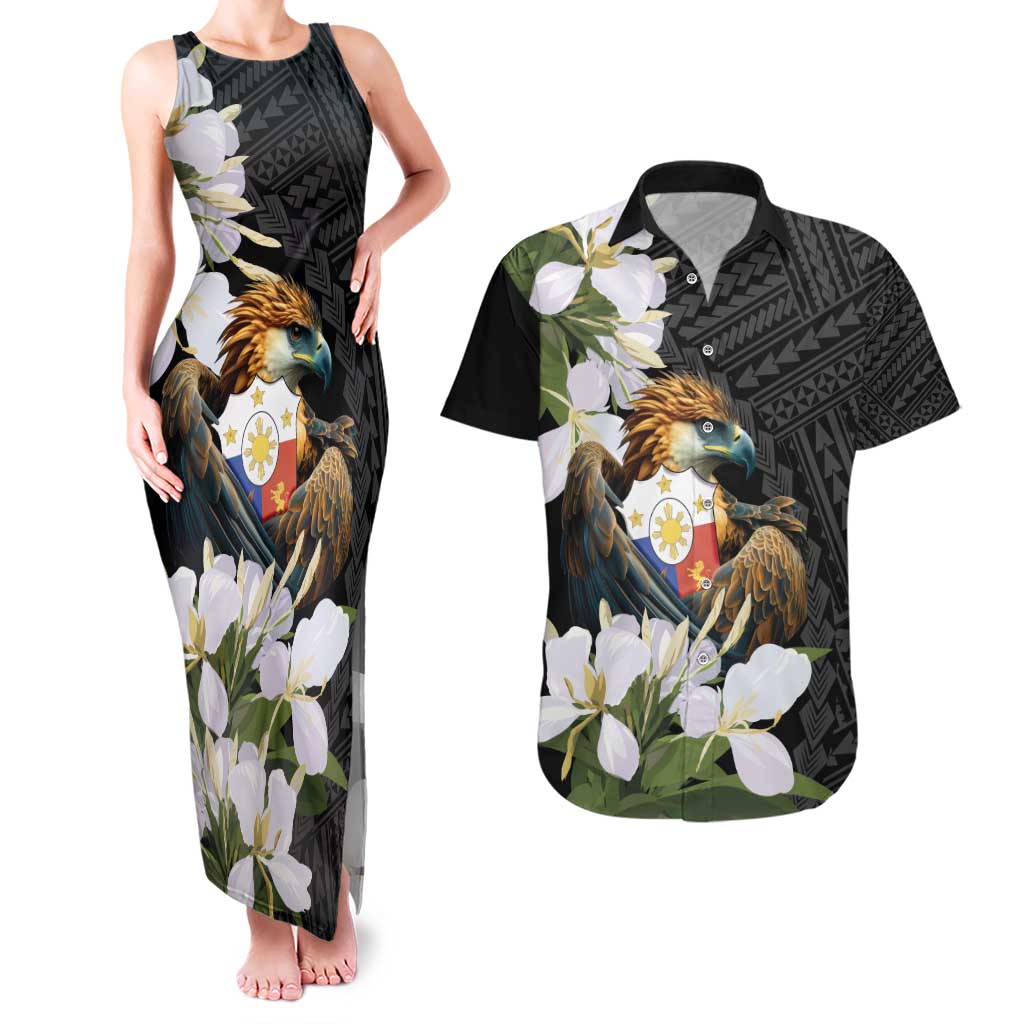 Philippines Eagle with Coat Of Arm Couples Matching Tank Maxi Dress and Hawaiian Shirt Simple Sampaguita Jasmine LT9 Black - Polynesian Pride