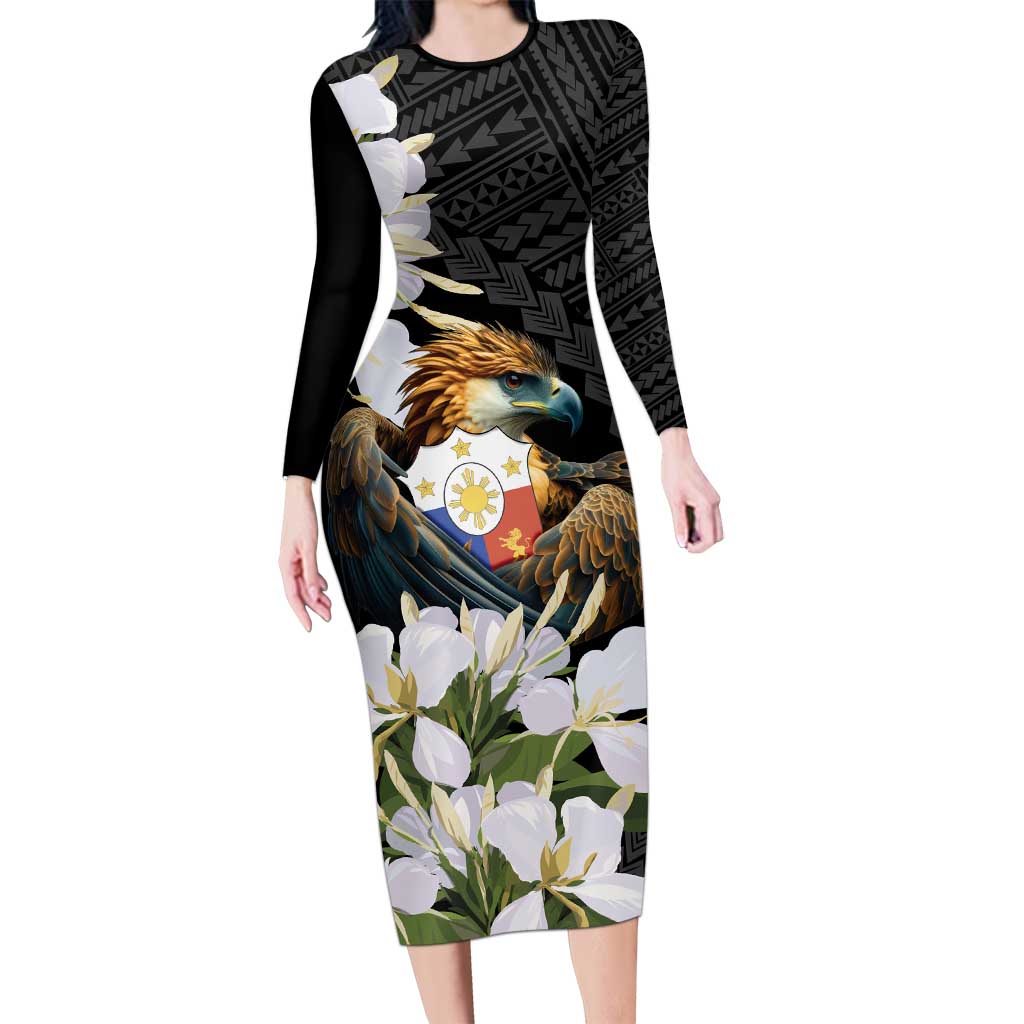 Philippines Eagle with Coat Of Arm Family Matching Long Sleeve Bodycon Dress and Hawaiian Shirt Simple Sampaguita Jasmine LT9 Mom's Dress Black - Polynesian Pride