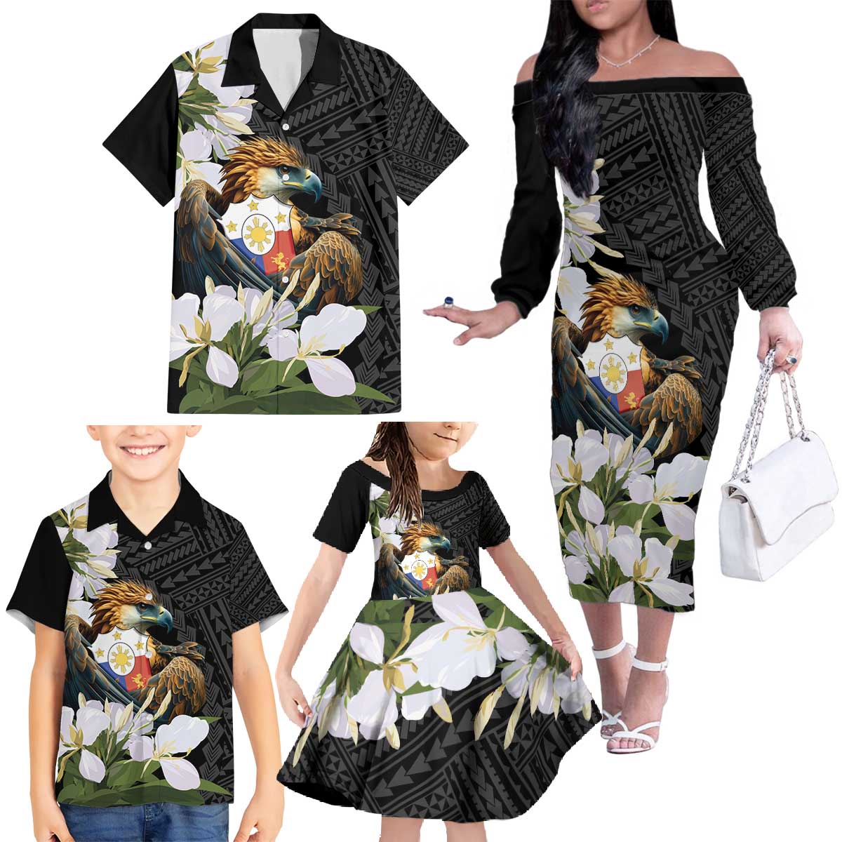 Philippines Eagle with Coat Of Arm Family Matching Off The Shoulder Long Sleeve Dress and Hawaiian Shirt Simple Sampaguita Jasmine LT9 - Polynesian Pride