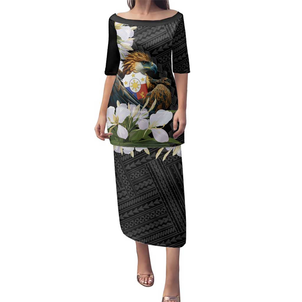 Philippines Eagle with Coat Of Arm Family Matching Puletasi and Hawaiian Shirt Simple Sampaguita Jasmine LT9 Mom's Dress Black - Polynesian Pride