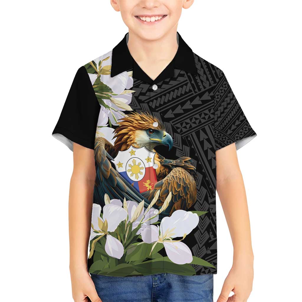 Philippines Eagle with Coat Of Arm Family Matching Puletasi and Hawaiian Shirt Simple Sampaguita Jasmine LT9 Son's Shirt Black - Polynesian Pride