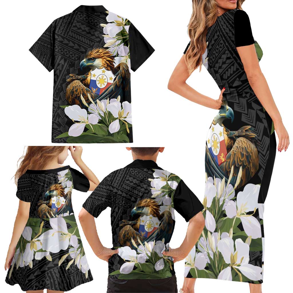 Philippines Eagle with Coat Of Arm Family Matching Short Sleeve Bodycon Dress and Hawaiian Shirt Simple Sampaguita Jasmine LT9 - Polynesian Pride