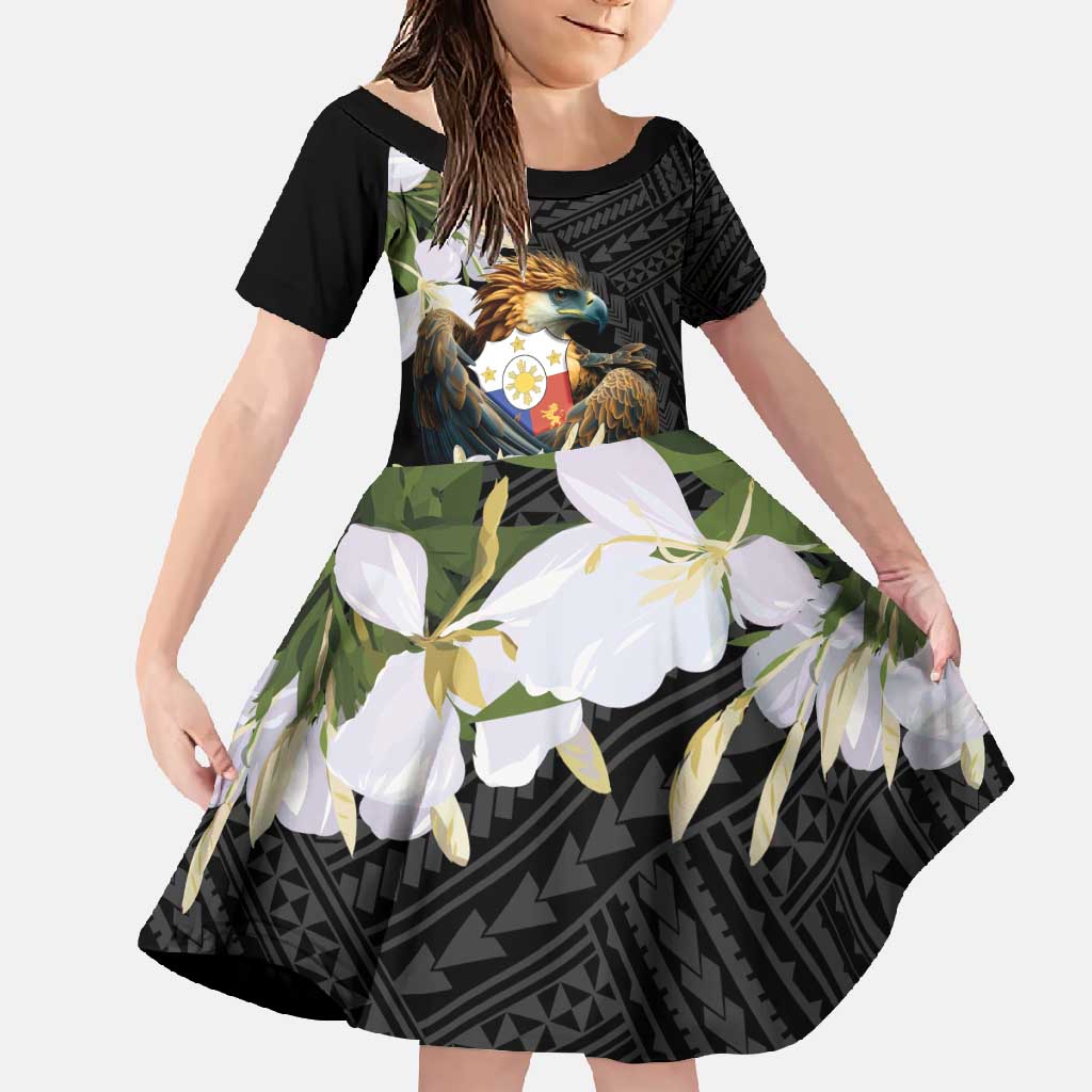 Philippines Eagle with Coat Of Arm Family Matching Summer Maxi Dress and Hawaiian Shirt Simple Sampaguita Jasmine LT9 Daughter's Dress Black - Polynesian Pride