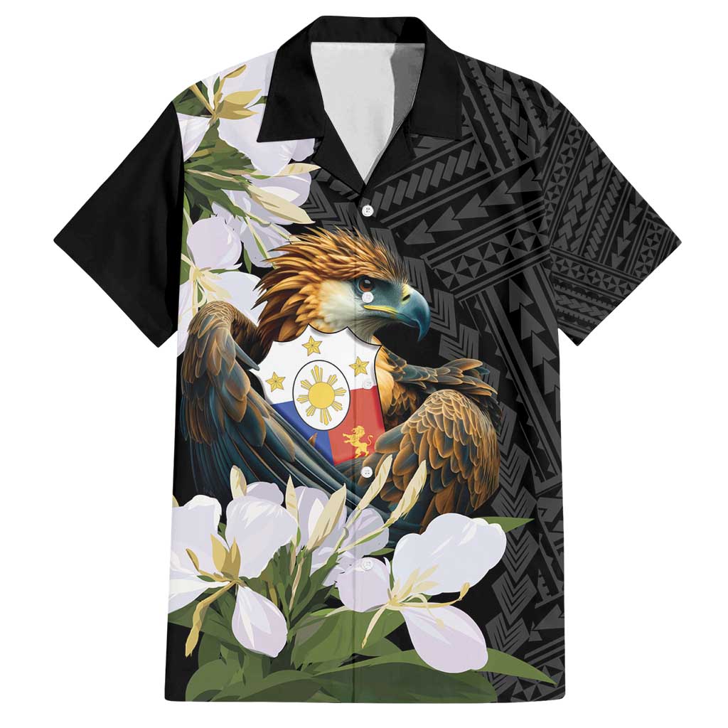 Philippines Eagle with Coat Of Arm Family Matching Summer Maxi Dress and Hawaiian Shirt Simple Sampaguita Jasmine LT9 Dad's Shirt - Short Sleeve Black - Polynesian Pride
