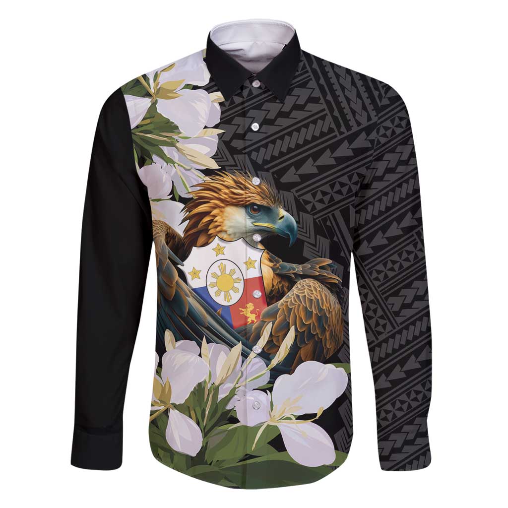 Philippines Eagle with Coat Of Arm Family Matching Tank Maxi Dress and Hawaiian Shirt Simple Sampaguita Jasmine LT9 Dad's Shirt - Long Sleeve Black - Polynesian Pride