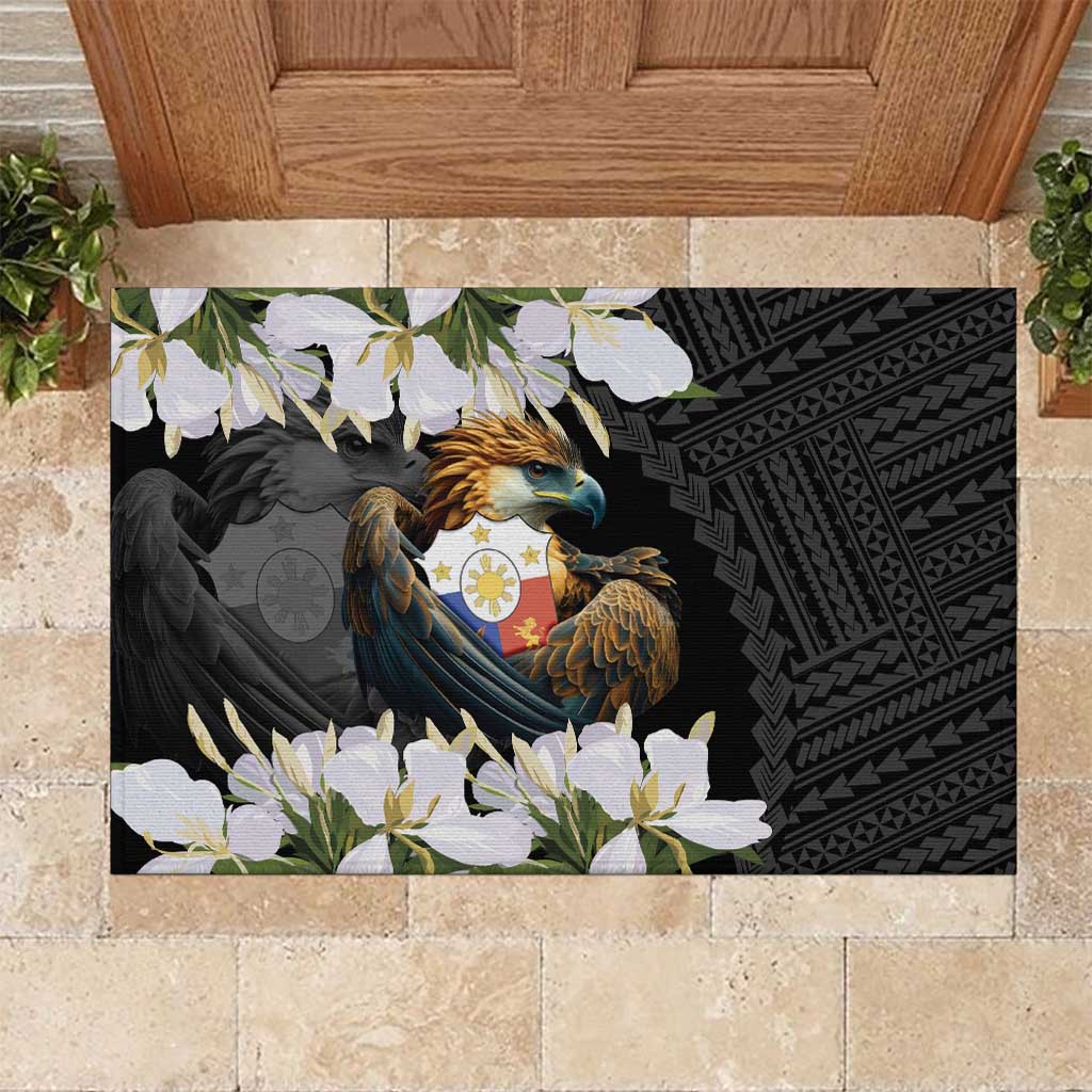 Philippines Eagle with Coat Of Arm Rubber Doormat Simple Sampaguita Jasmine LT9 Black - Polynesian Pride