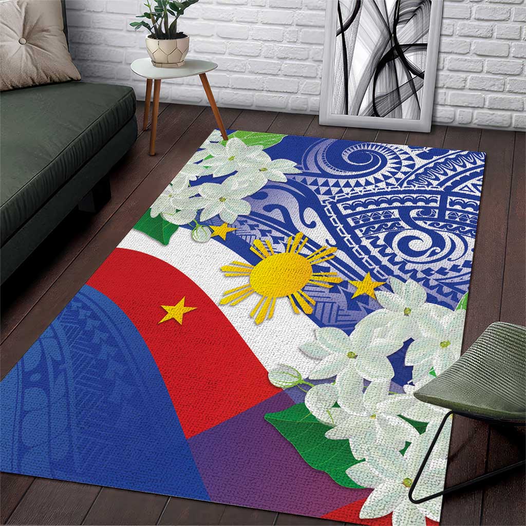 Philippines Flag Area Rug Sampaguita Jasmine with Polynesian Tribal LT9 Blue - Polynesian Pride