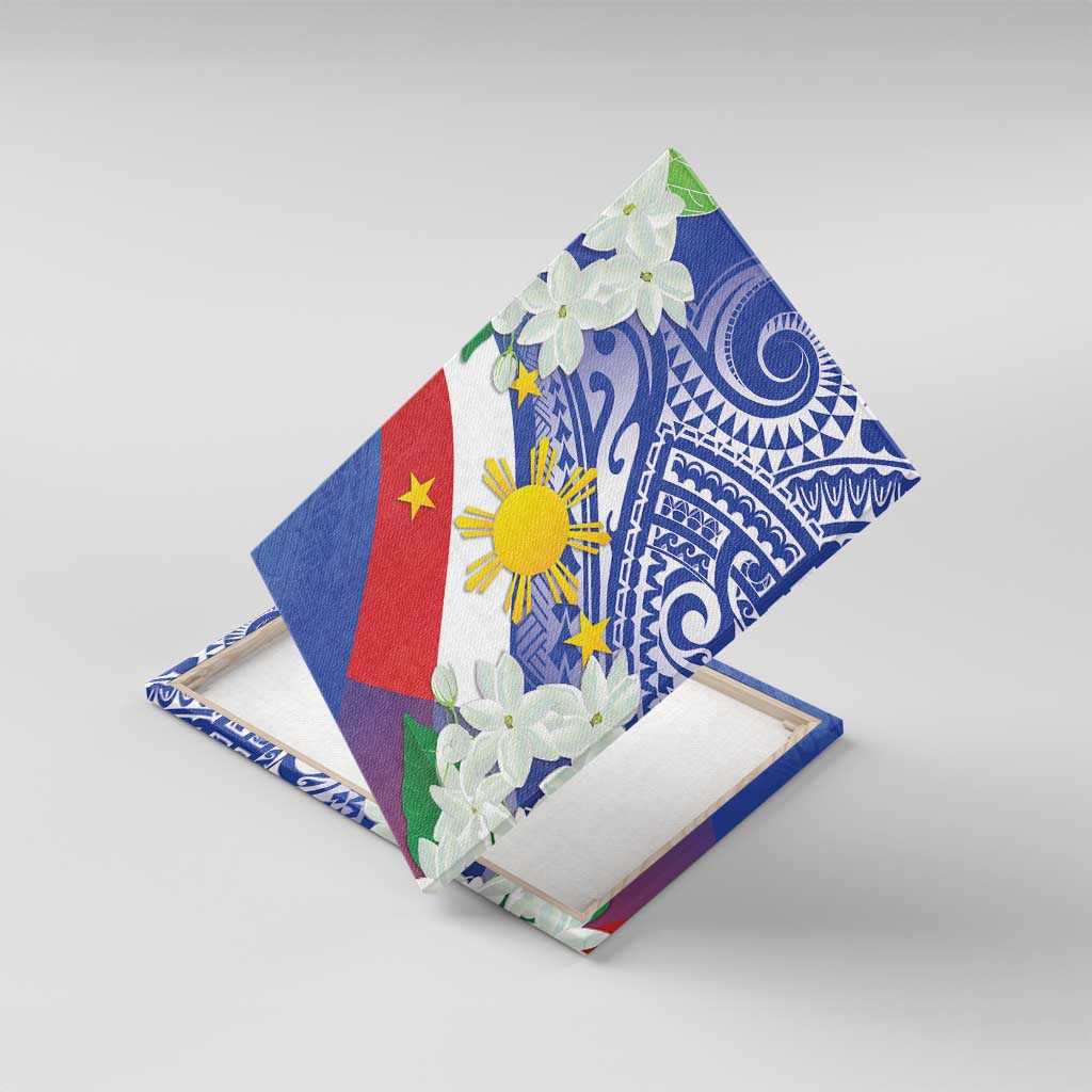 Philippines Flag Canvas Wall Art Sampaguita Jasmine with Polynesian Tribal LT9 With Frame Blue - Polynesian Pride