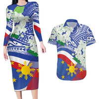 Philippines Flag Couples Matching Long Sleeve Bodycon Dress and Hawaiian Shirt Sampaguita Jasmine with Polynesian Tribal LT9 Blue - Polynesian Pride