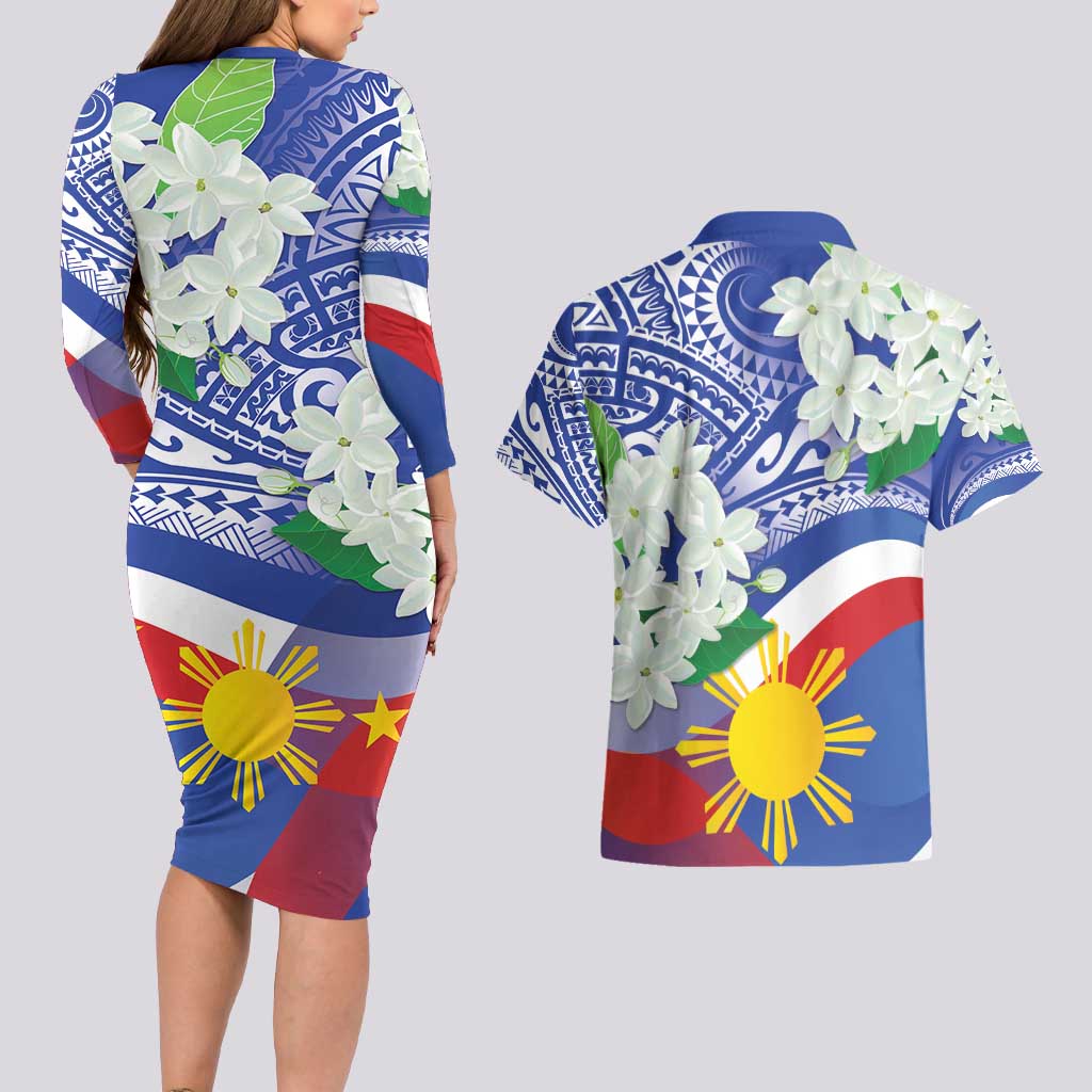 Philippines Flag Couples Matching Long Sleeve Bodycon Dress and Hawaiian Shirt Sampaguita Jasmine with Polynesian Tribal LT9 - Polynesian Pride