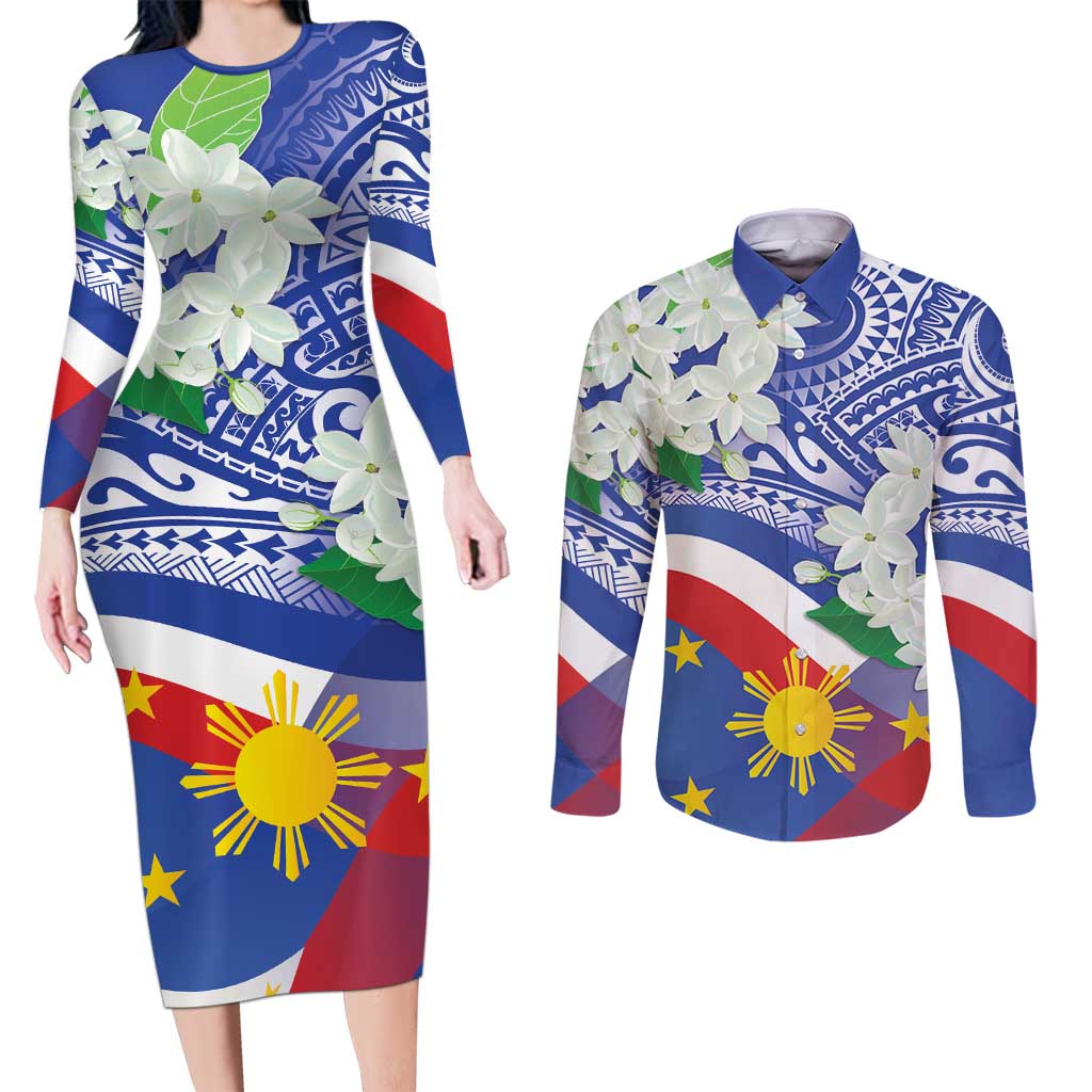 Philippines Flag Couples Matching Long Sleeve Bodycon Dress and Long Sleeve Button Shirt Sampaguita Jasmine with Polynesian Tribal LT9 Blue - Polynesian Pride