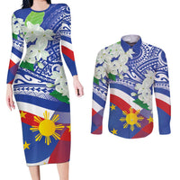 Philippines Flag Couples Matching Long Sleeve Bodycon Dress and Long Sleeve Button Shirt Sampaguita Jasmine with Polynesian Tribal LT9 Blue - Polynesian Pride