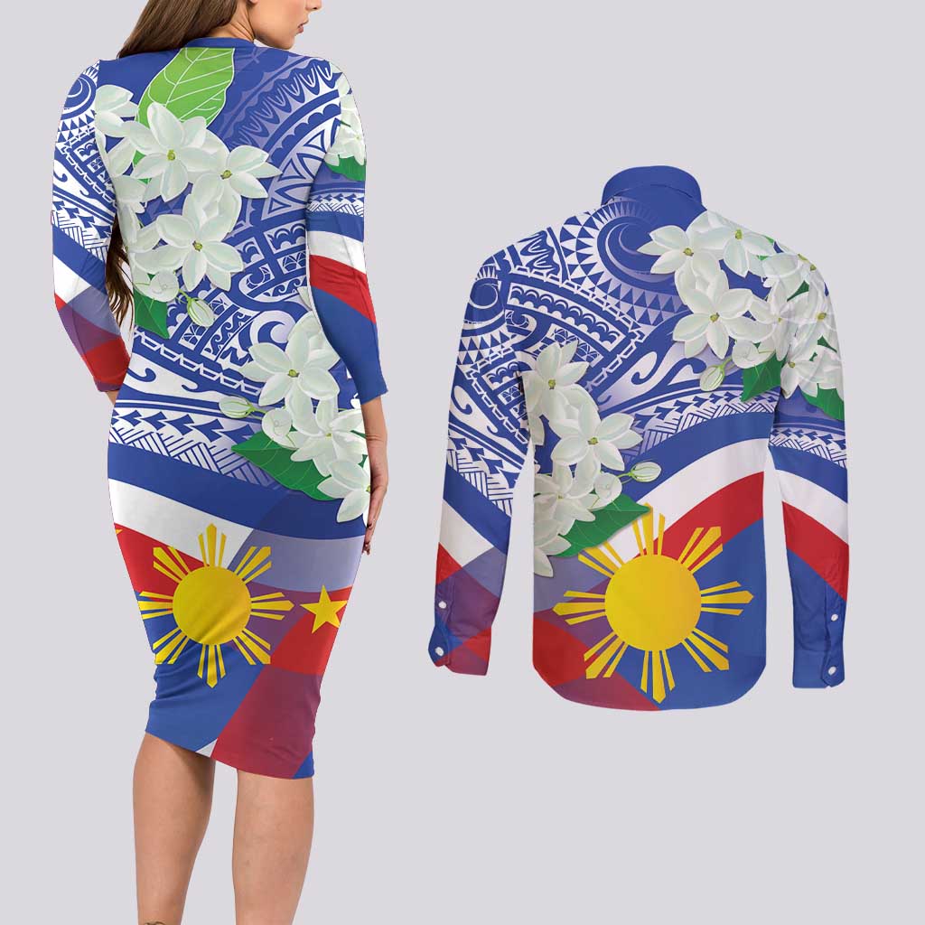Philippines Flag Couples Matching Long Sleeve Bodycon Dress and Long Sleeve Button Shirt Sampaguita Jasmine with Polynesian Tribal LT9 - Polynesian Pride