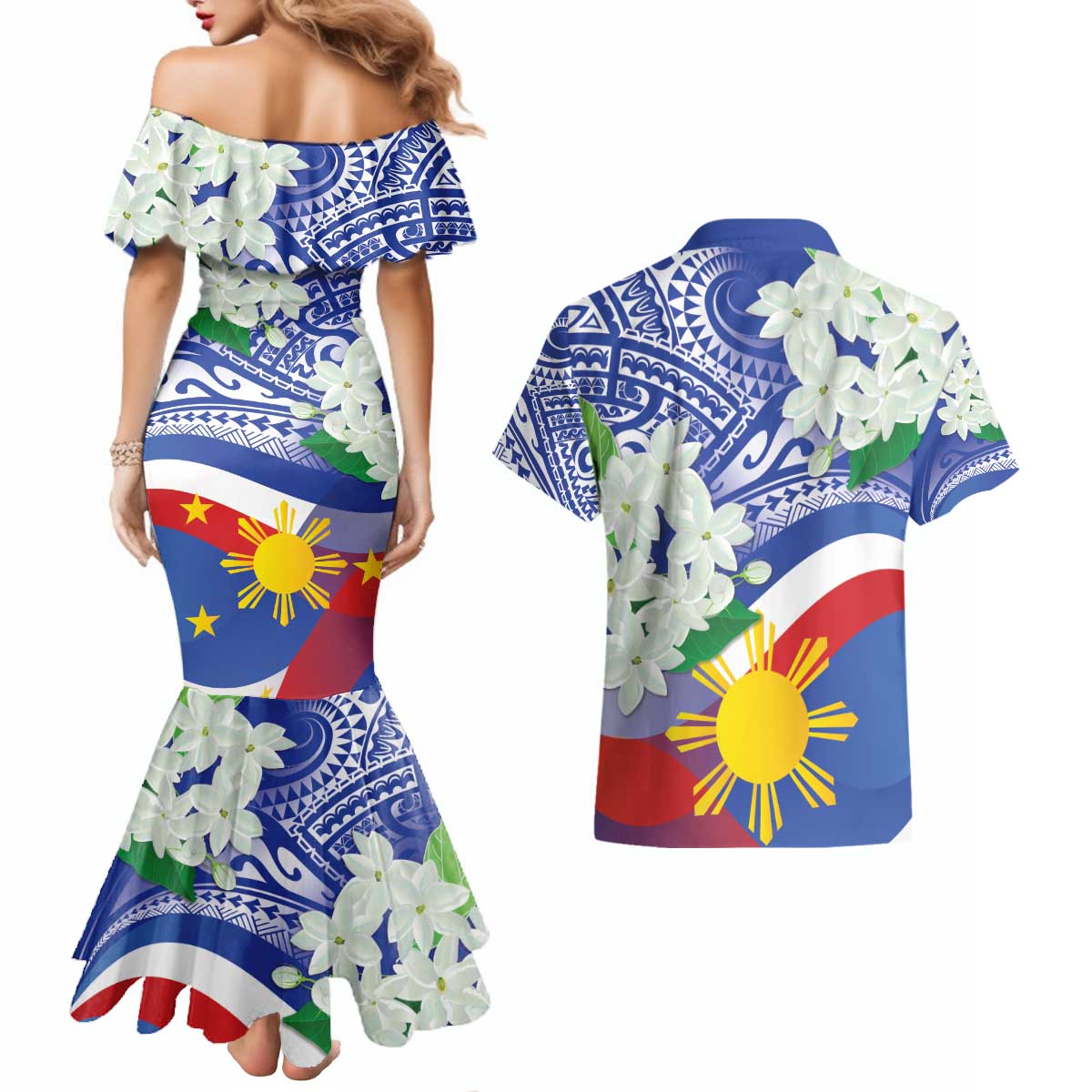 Philippines Flag Couples Matching Mermaid Dress and Hawaiian Shirt Sampaguita Jasmine with Polynesian Tribal LT9 - Polynesian Pride