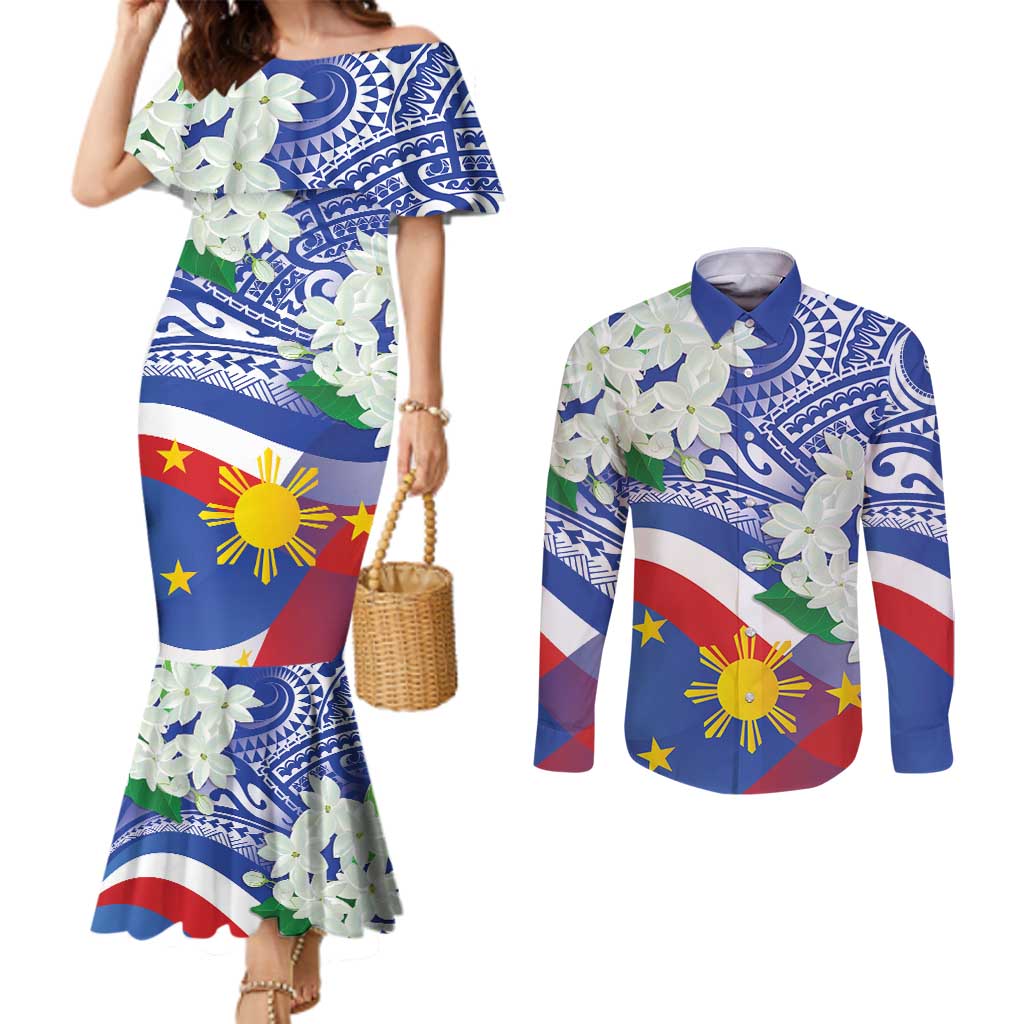 Philippines Flag Couples Matching Mermaid Dress and Long Sleeve Button Shirt Sampaguita Jasmine with Polynesian Tribal LT9 Blue - Polynesian Pride
