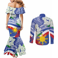 Philippines Flag Couples Matching Mermaid Dress and Long Sleeve Button Shirt Sampaguita Jasmine with Polynesian Tribal LT9 - Polynesian Pride