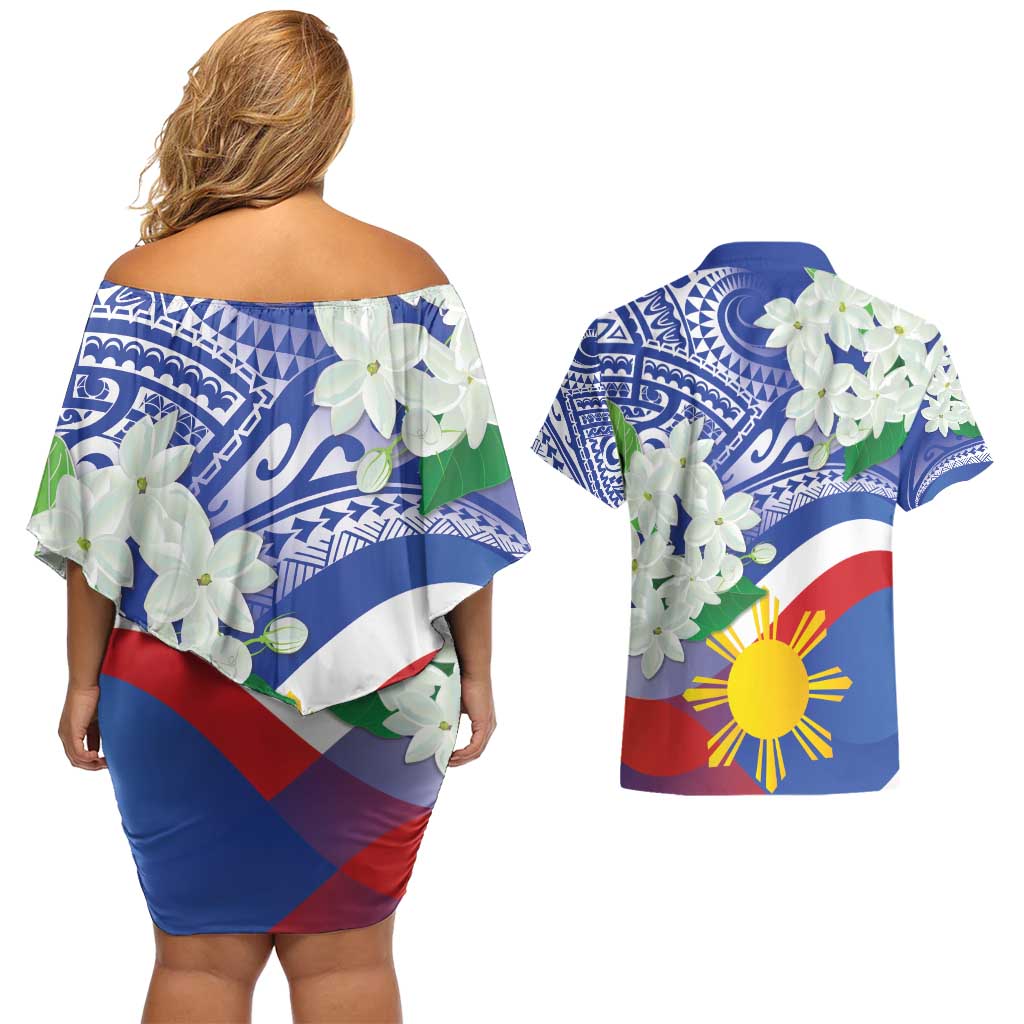 Philippines Flag Couples Matching Off Shoulder Short Dress and Hawaiian Shirt Sampaguita Jasmine with Polynesian Tribal LT9 - Polynesian Pride