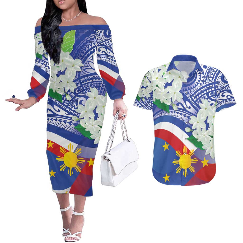 Philippines Flag Couples Matching Off The Shoulder Long Sleeve Dress and Hawaiian Shirt Sampaguita Jasmine with Polynesian Tribal LT9 Blue - Polynesian Pride