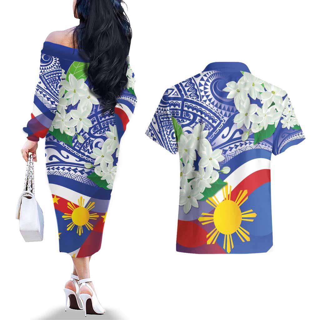 Philippines Flag Couples Matching Off The Shoulder Long Sleeve Dress and Hawaiian Shirt Sampaguita Jasmine with Polynesian Tribal LT9 - Polynesian Pride