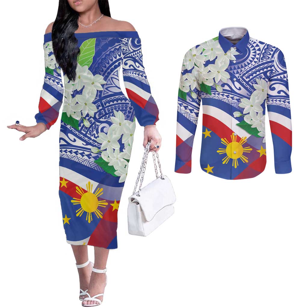 Philippines Flag Couples Matching Off The Shoulder Long Sleeve Dress and Long Sleeve Button Shirt Sampaguita Jasmine with Polynesian Tribal LT9 Blue - Polynesian Pride