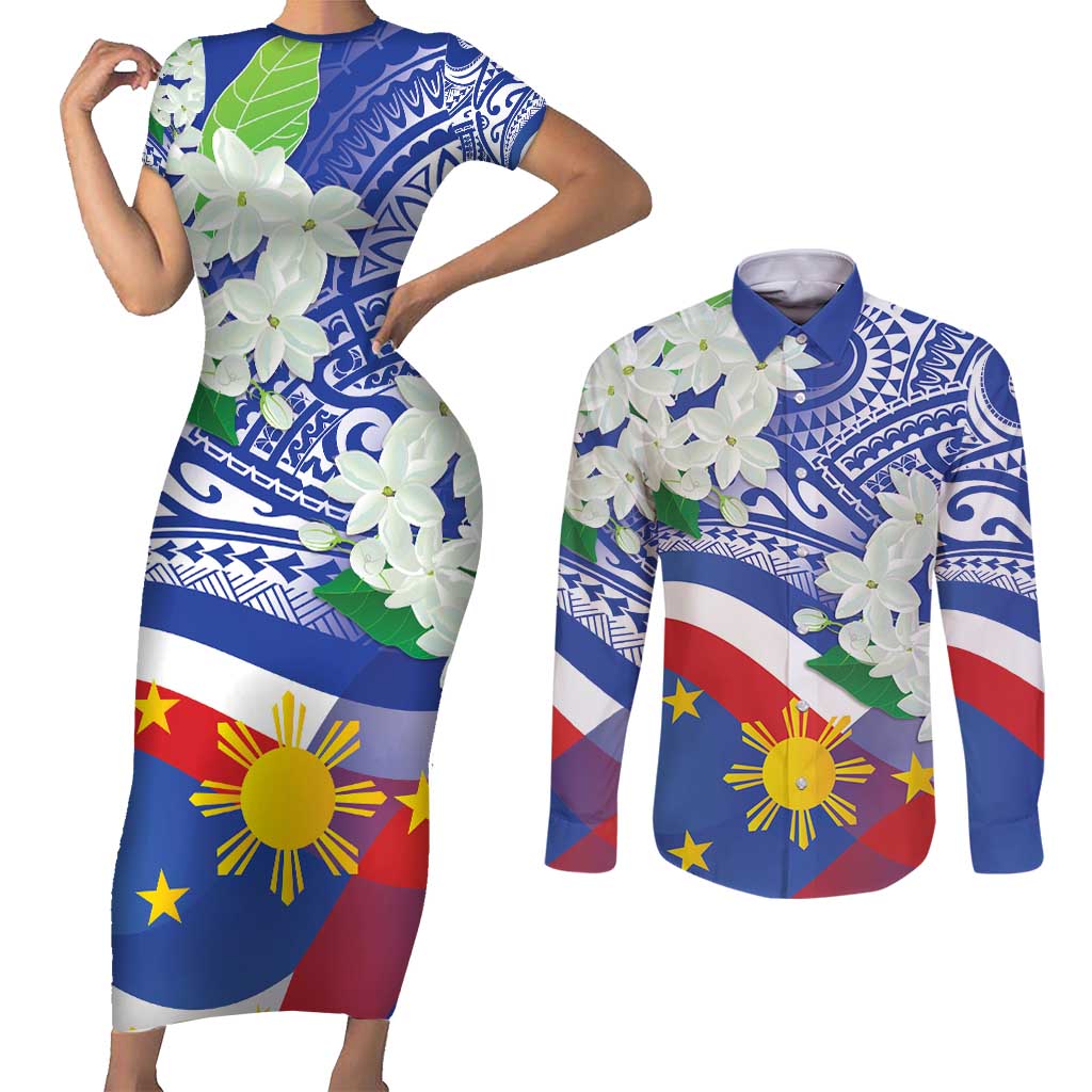 Philippines Flag Couples Matching Short Sleeve Bodycon Dress and Long Sleeve Button Shirt Sampaguita Jasmine with Polynesian Tribal LT9 Blue - Polynesian Pride