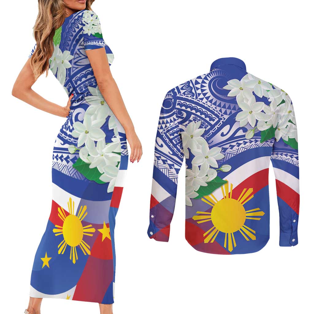 Philippines Flag Couples Matching Short Sleeve Bodycon Dress and Long Sleeve Button Shirt Sampaguita Jasmine with Polynesian Tribal LT9 - Polynesian Pride